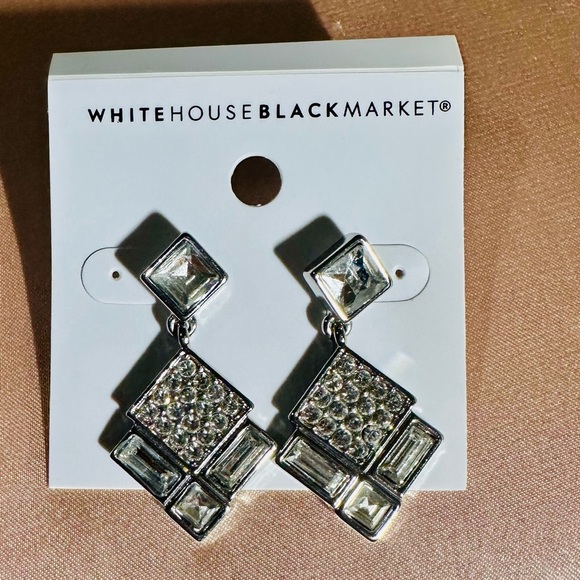 White House Black Market Silver Rhinestone Art Deco Earrings - Picture 1 of 4